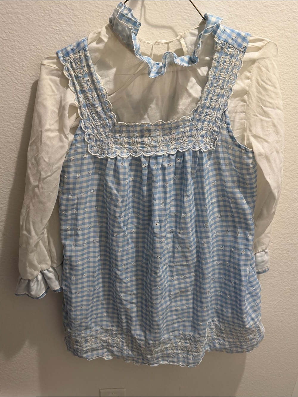 Vintage 1970s Mr Jac Blue Gingham Prairie Dress Eyelet Lace Cottagecore